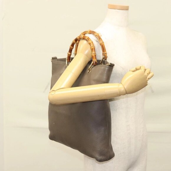 GUCCI Bamboo Hand Bag Leather Gray Gold 323663 Auth bs27789 - Picture 1 of 16